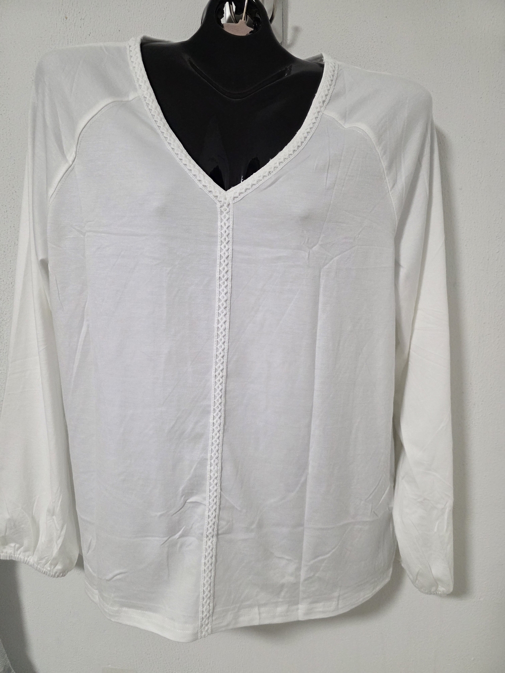 Classic White V-Neck Long Sleeve Top with Center Lace Detail
